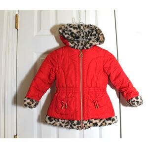 Pistachio Girl's Red Quilted Jacket w/ Leopard Faux Fur Trim sz 4T